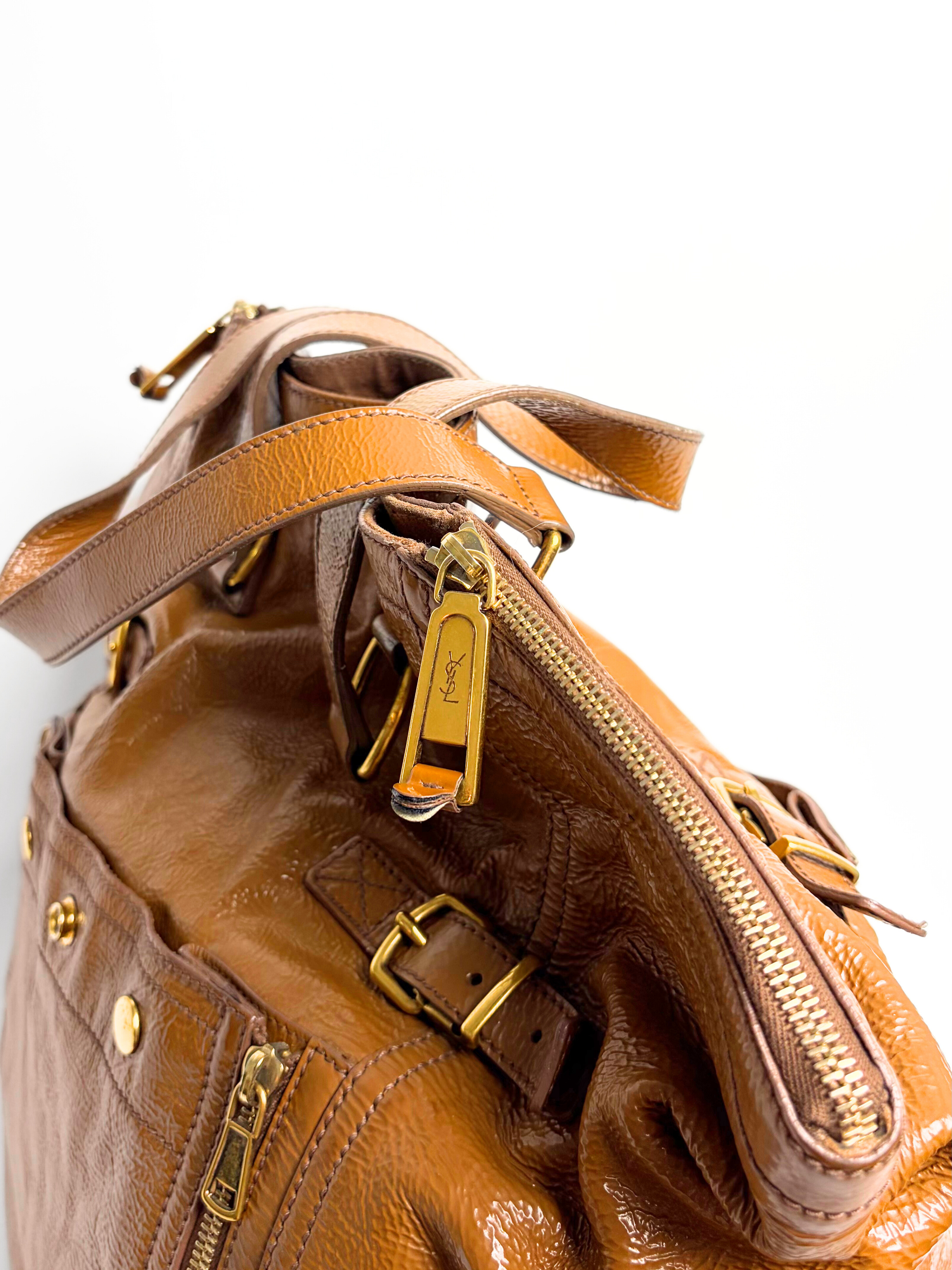 Vintage Saint Laurent Downtown Tote Bag Camel Glossy Leather