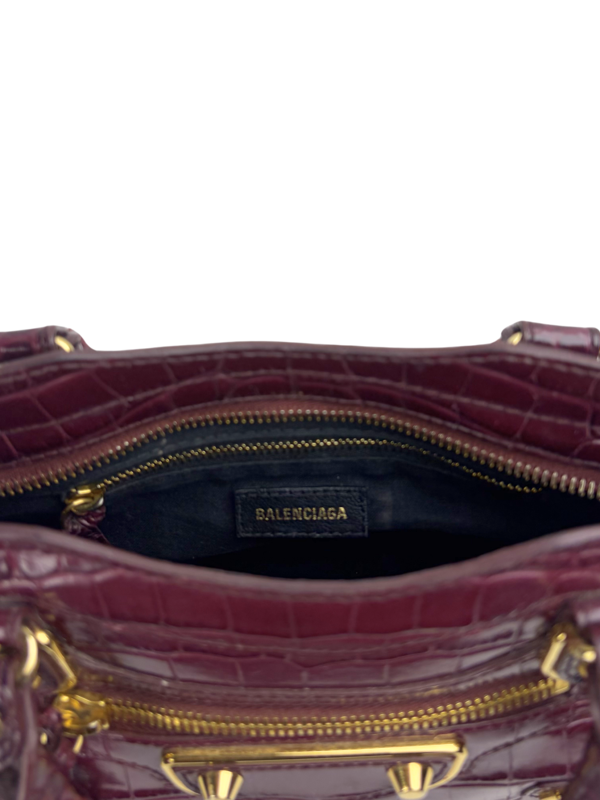 Balenciaga Metallic Edge Croc-Embossed Burgundy Mini City Bag