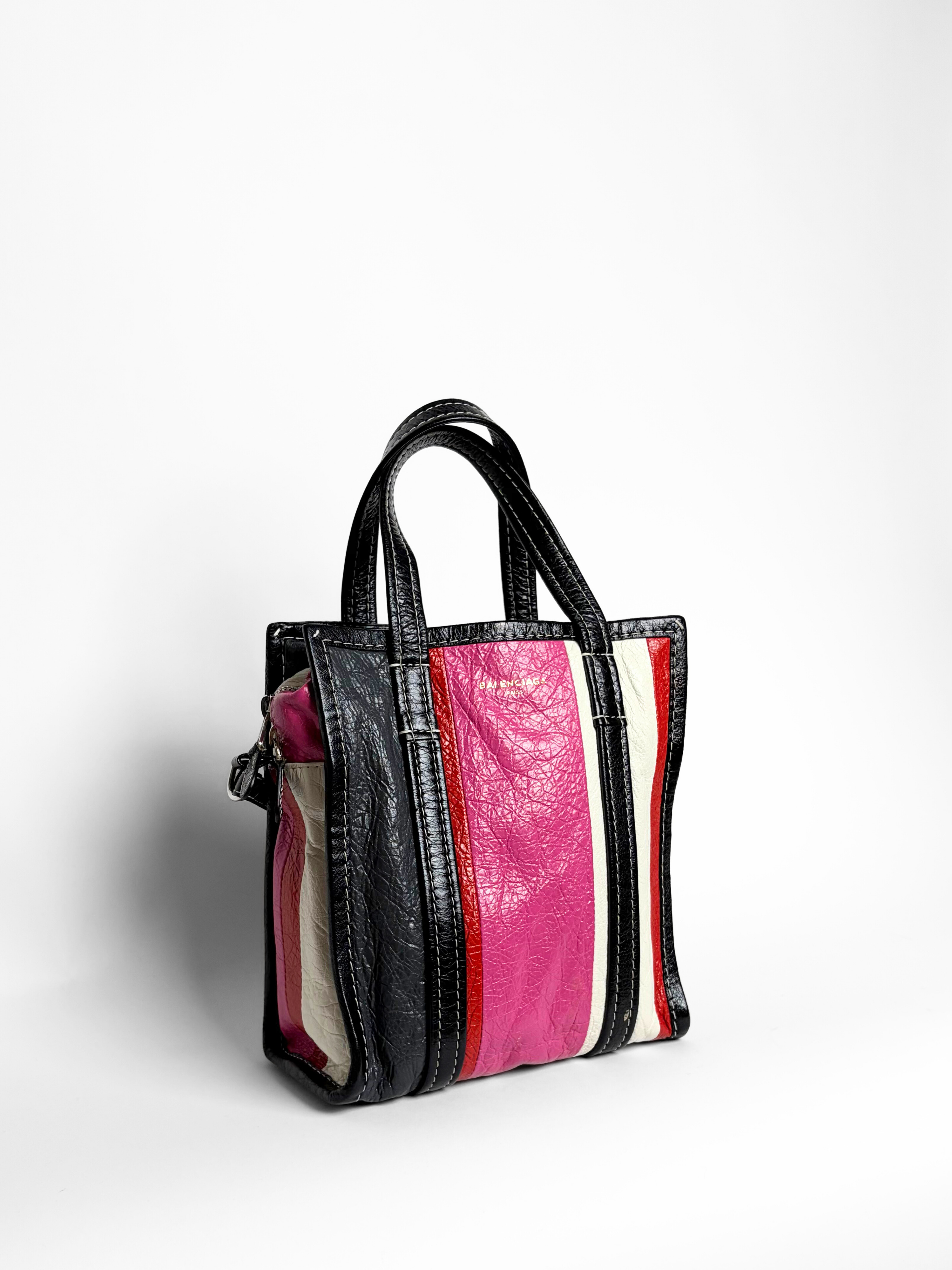 Balenciaga Bazar Mini Shopper Bag Multicolor Striped Crinkled Leather