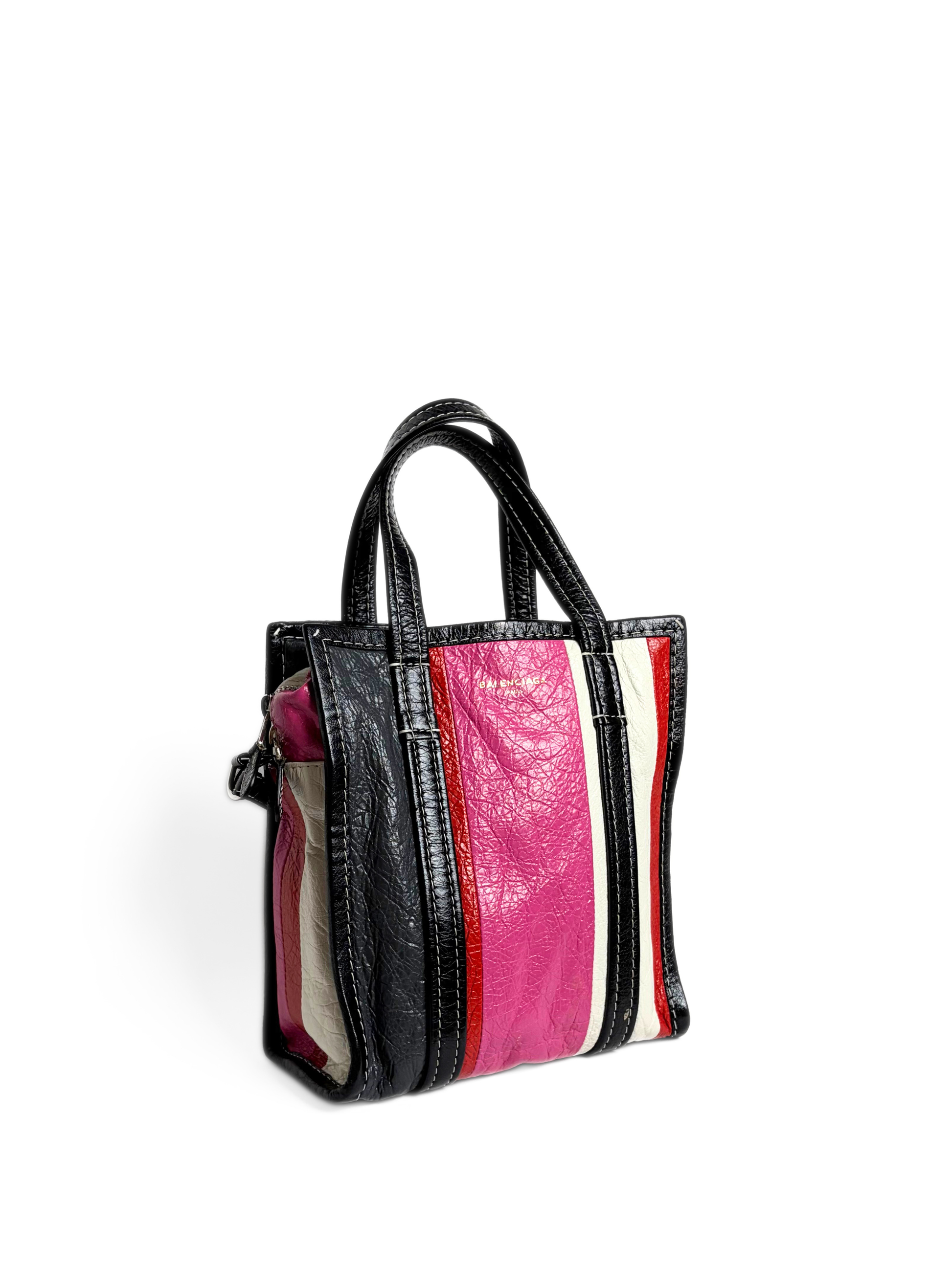 Balenciaga Bazar Mini Shopper Bag Multicolor Striped Crinkled Leather