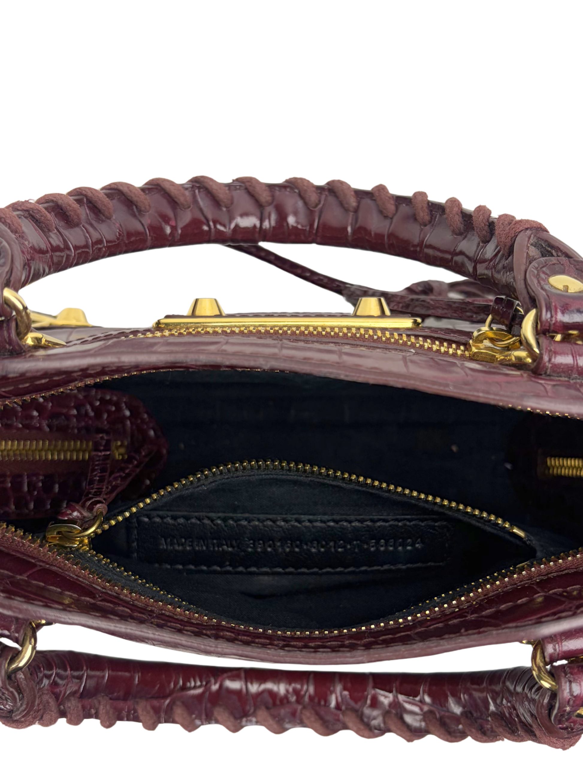 Balenciaga Metallic Edge Croc-Embossed Burgundy Mini City Bag