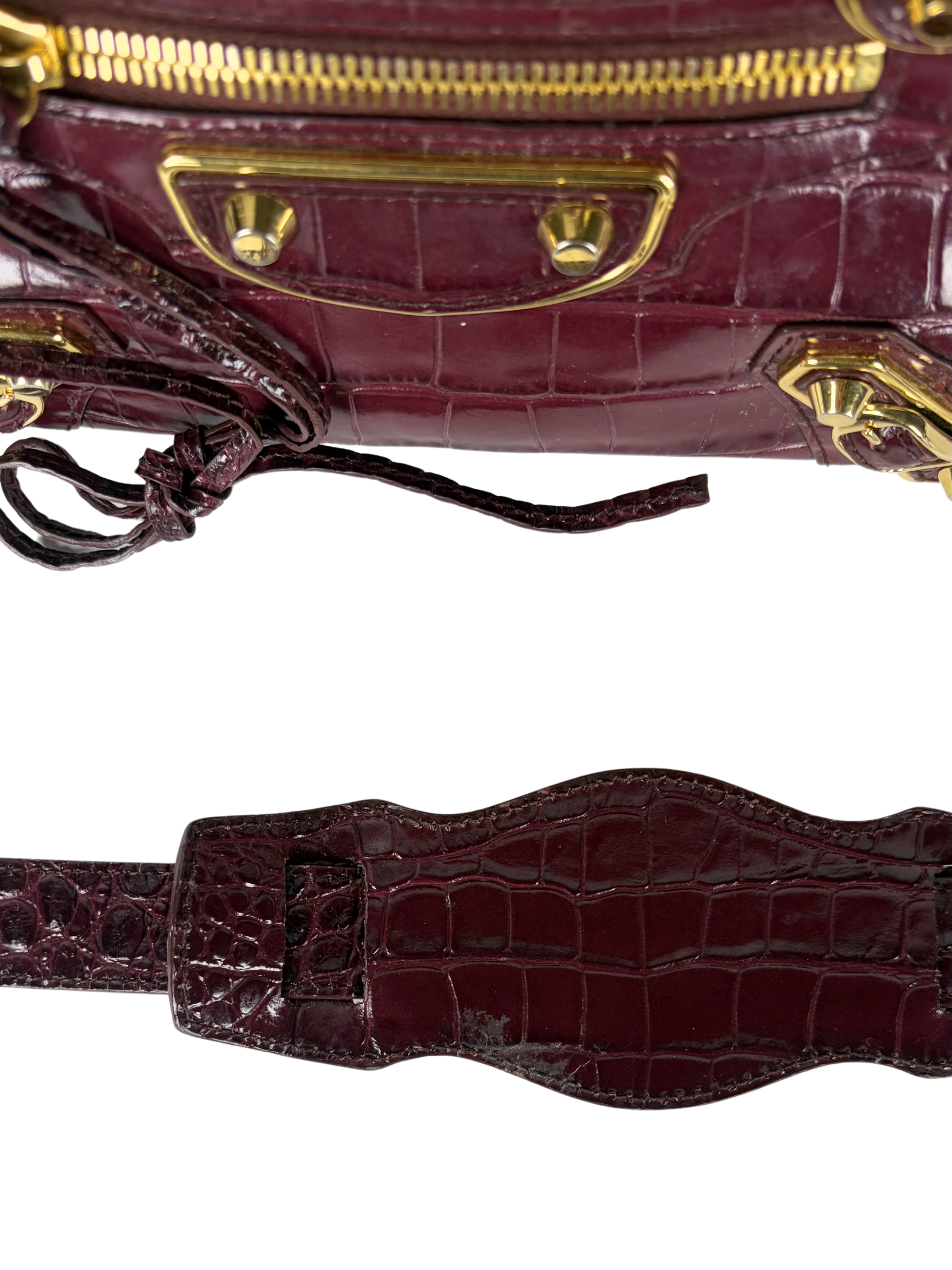 Balenciaga Metallic Edge Croc-Embossed Burgundy Mini City Bag