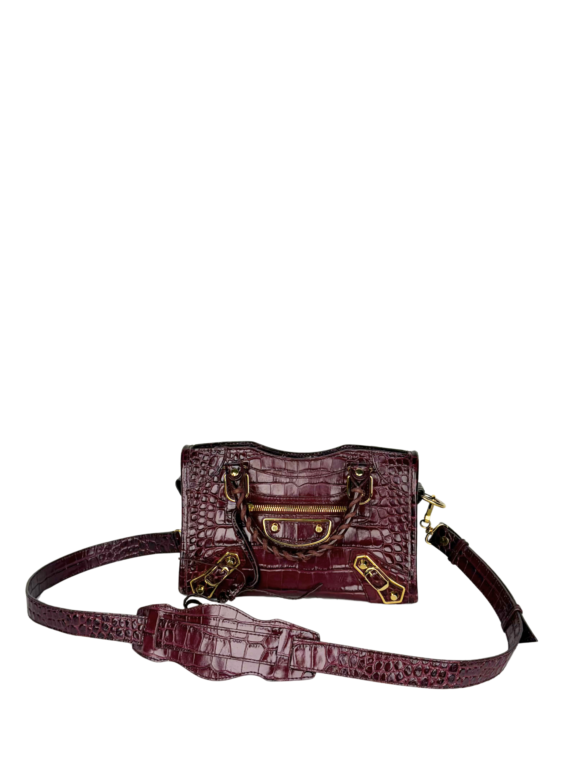 Balenciaga Metallic Edge Croc-Embossed Burgundy Mini City Bag