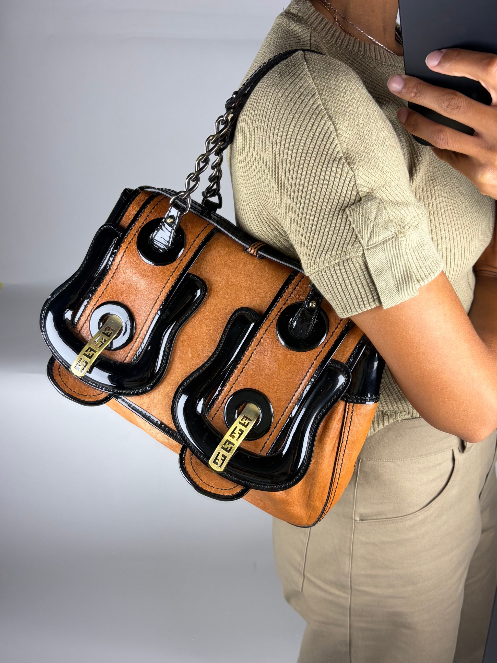 Fendi Cognac &amp; Patent Leather B Bag