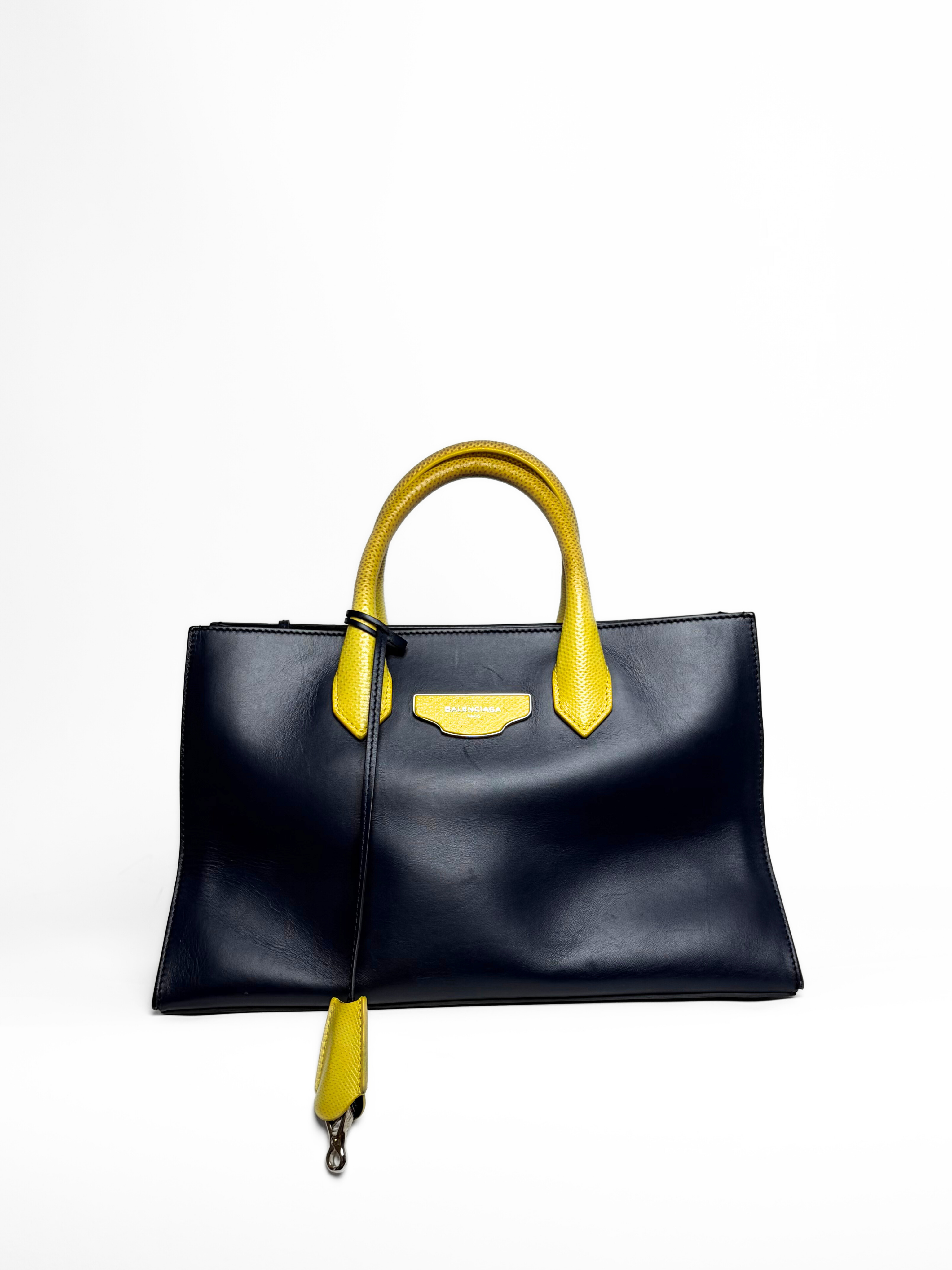 Balenciaga Padlock Nude Work Bag Navy/Yellow Leather