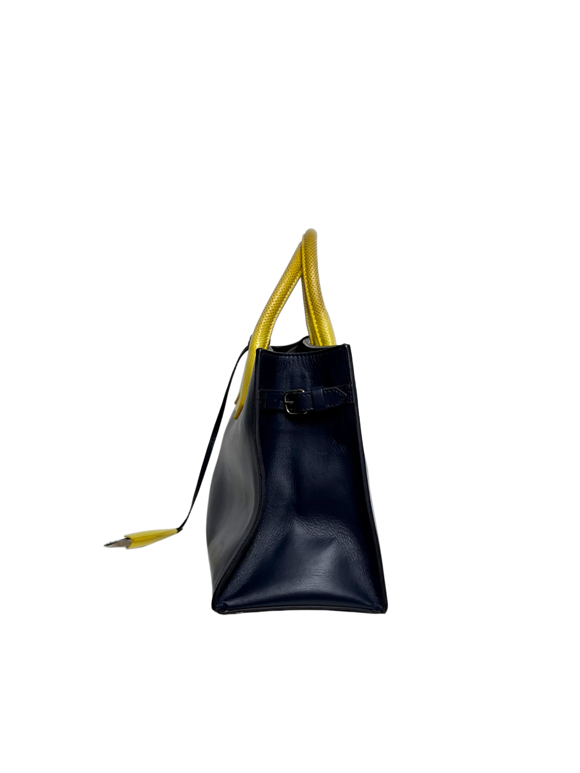 Balenciaga Padlock Nude Work Bag Navy/Yellow Leather