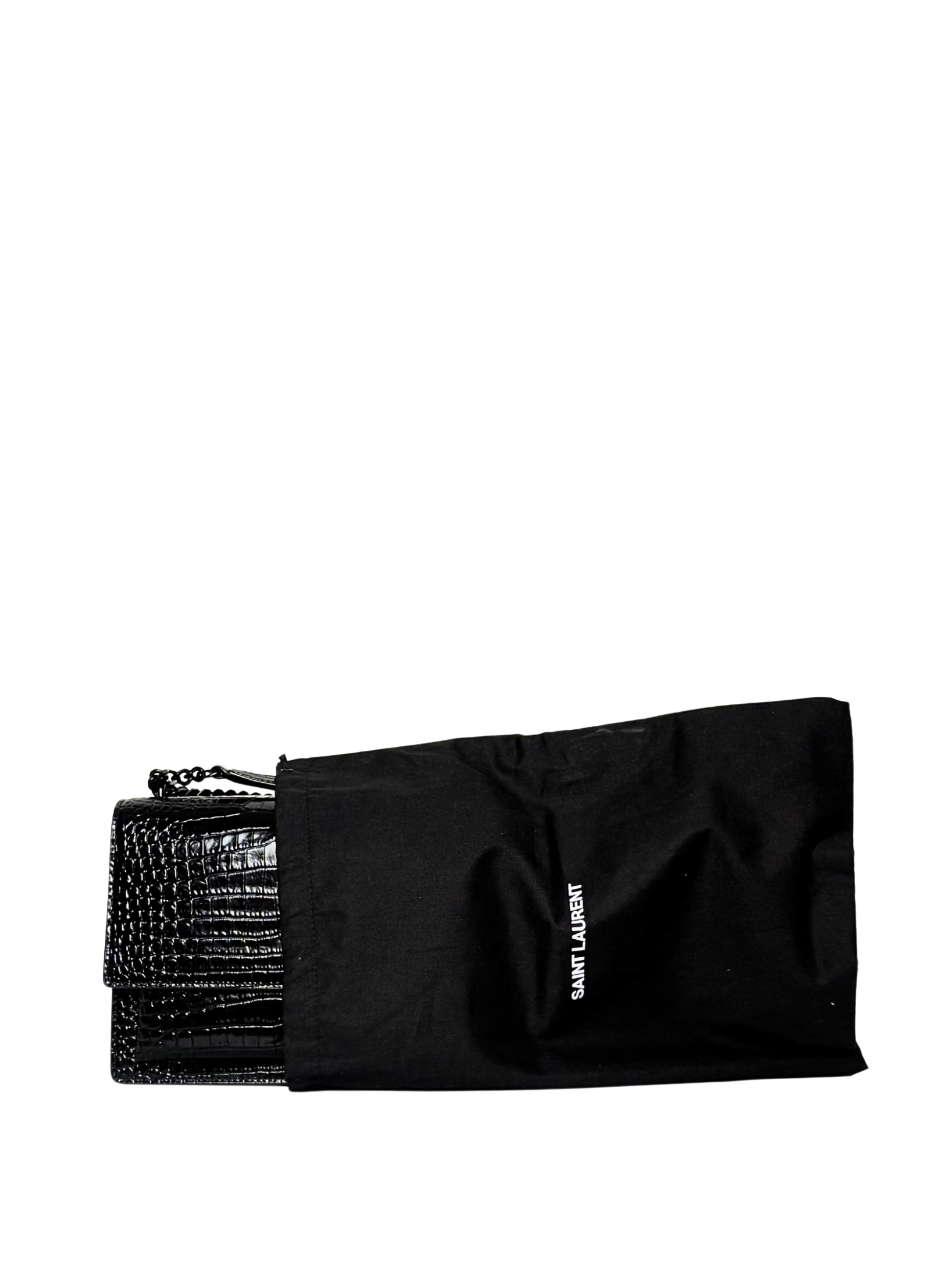 Saint Laurent Black Sunset Medium Shiny Croc-Embossed Shoulder Bag
