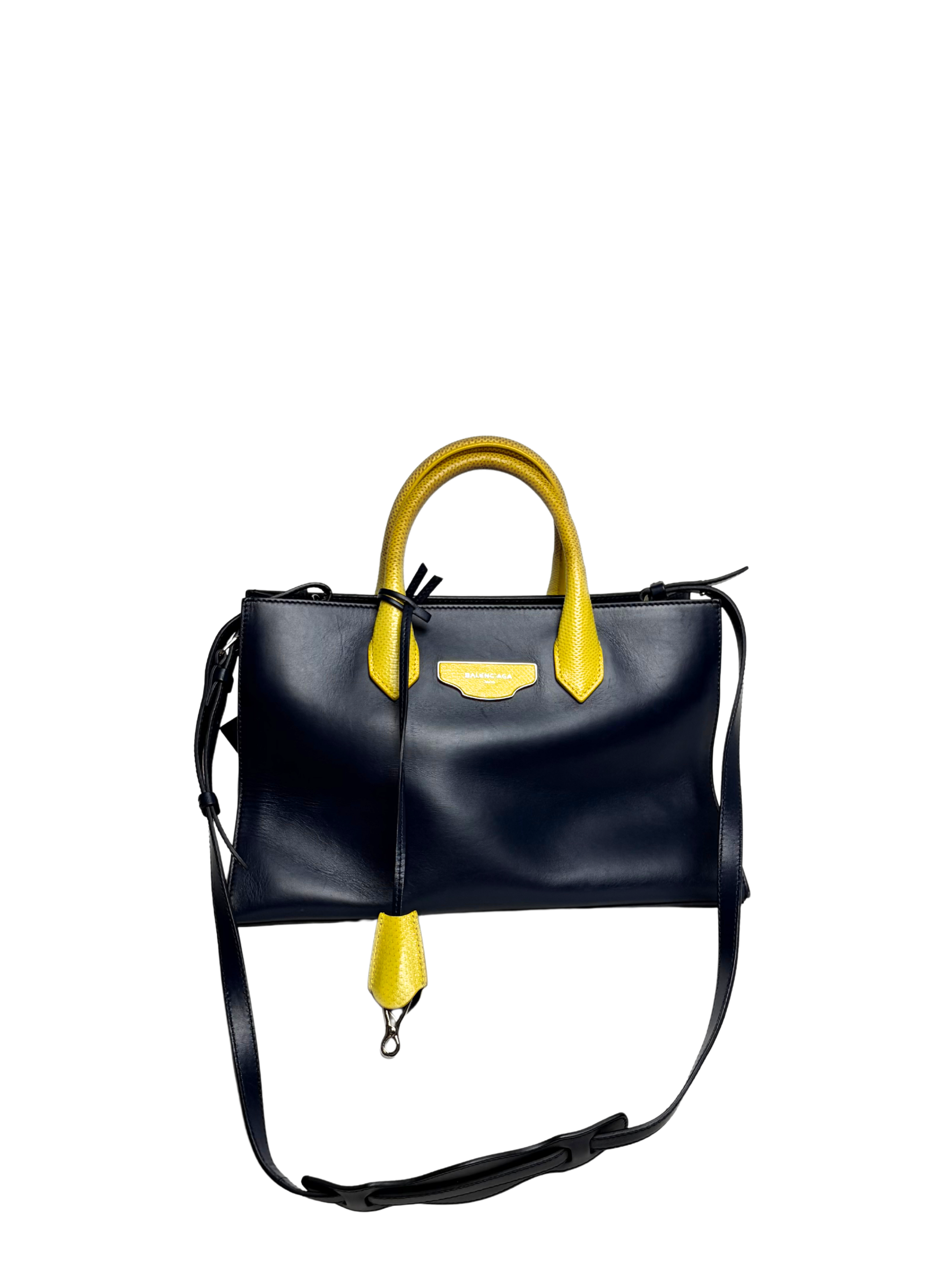 Balenciaga Padlock Nude Work Bag Navy/Yellow Leather