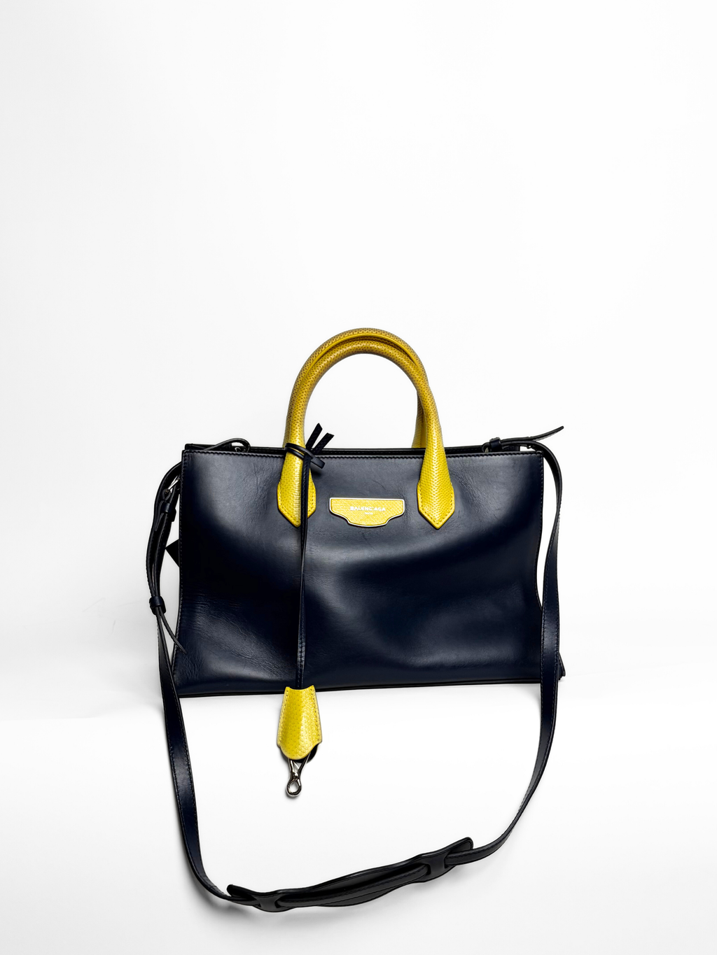 Balenciaga Padlock Nude Work Bag Navy/Yellow Leather