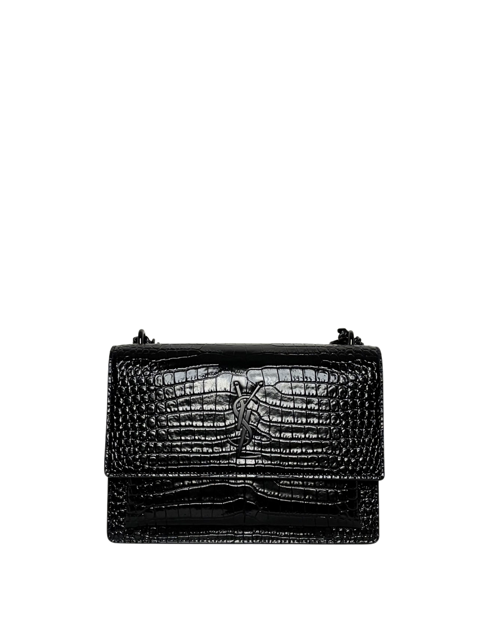 Saint Laurent Black Sunset Medium Shiny Croc-Embossed Shoulder Bag