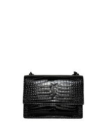 Saint Laurent Black Sunset Medium Shiny Croc-Embossed Shoulder Bag