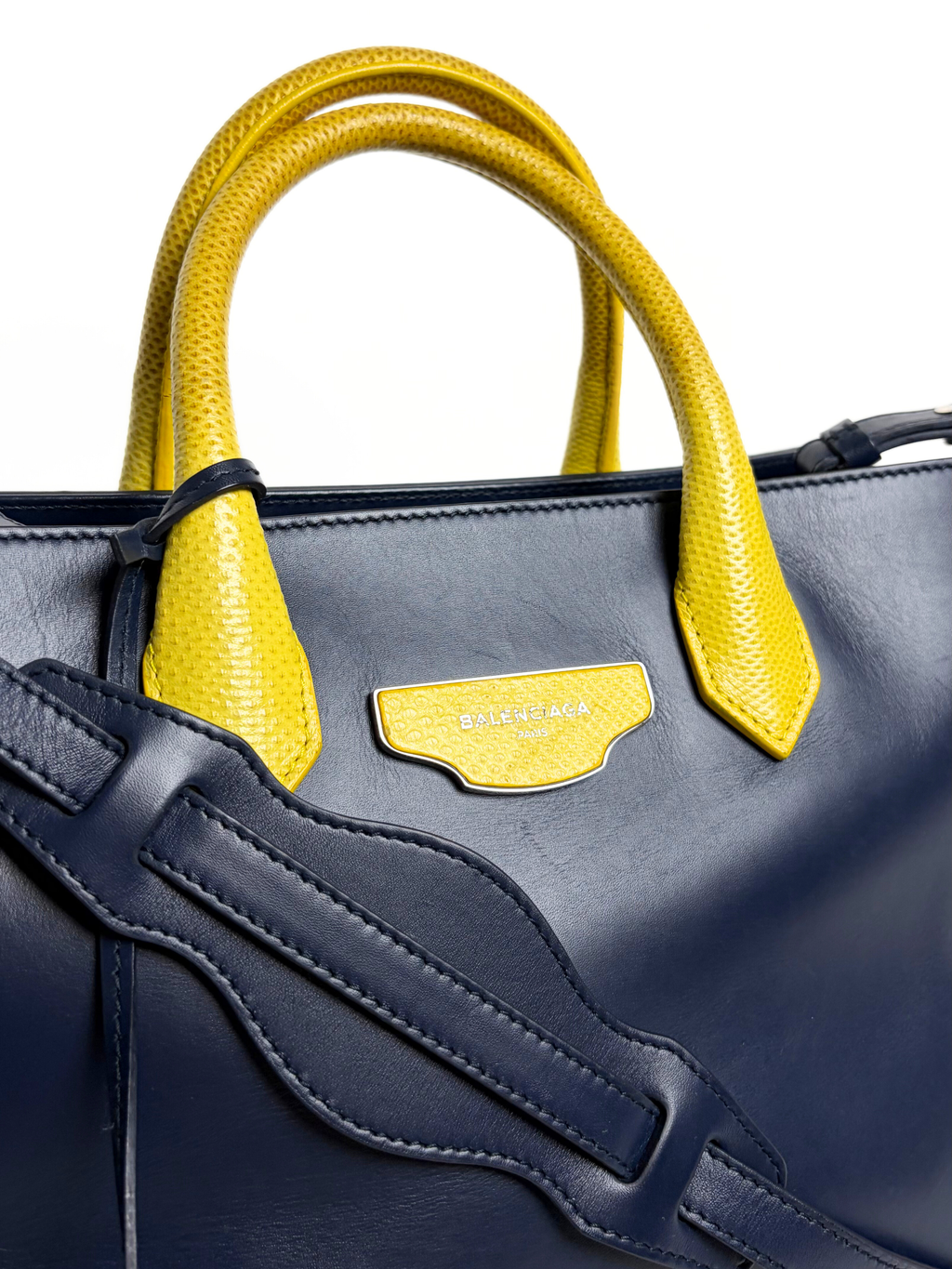 Balenciaga Padlock Nude Work Bag Navy/Yellow Leather