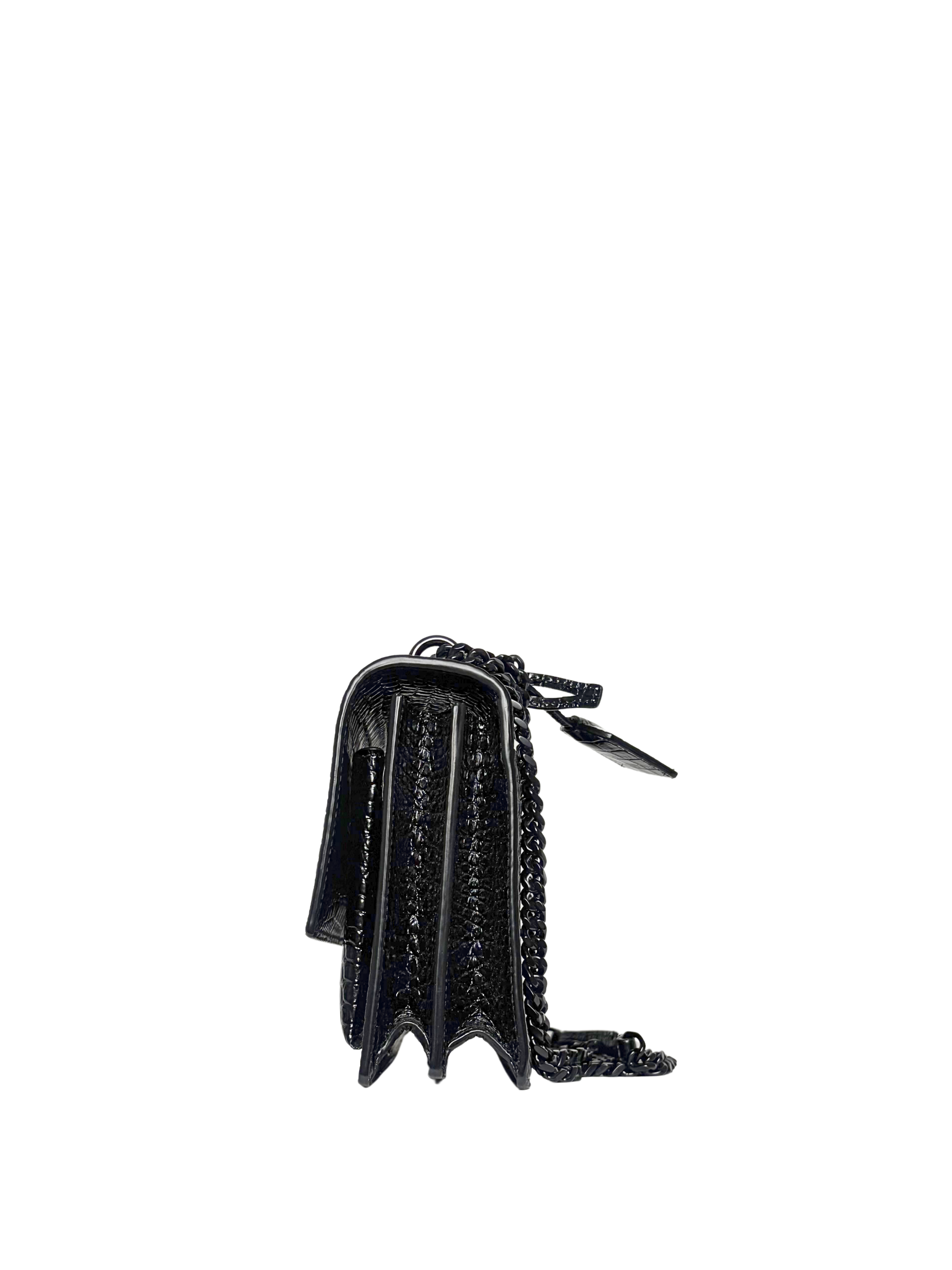 Saint Laurent Black Sunset Medium Shiny Croc-Embossed Shoulder Bag