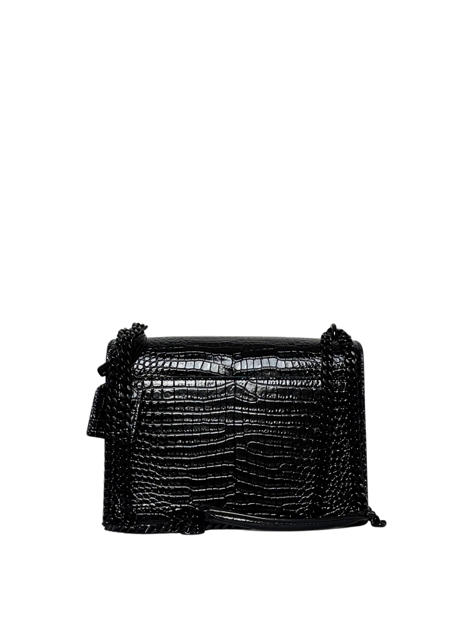 Saint Laurent Black Sunset Medium Shiny Croc-Embossed Shoulder Bag