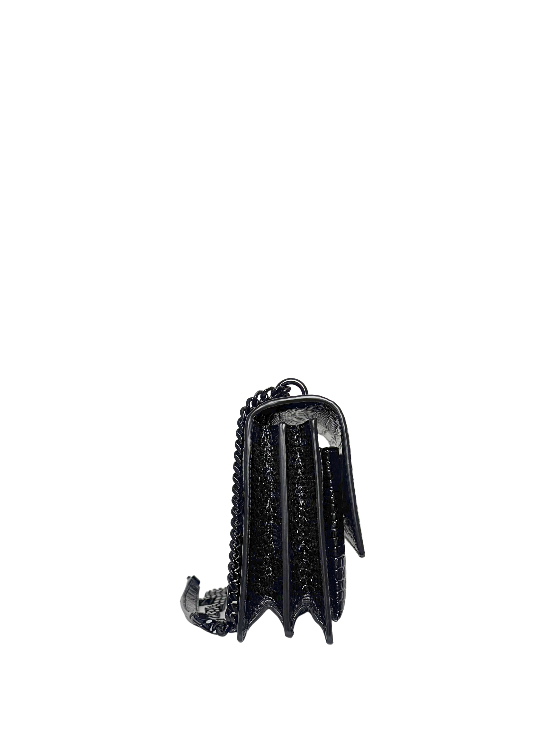 Saint Laurent Black Sunset Medium Shiny Croc-Embossed Shoulder Bag