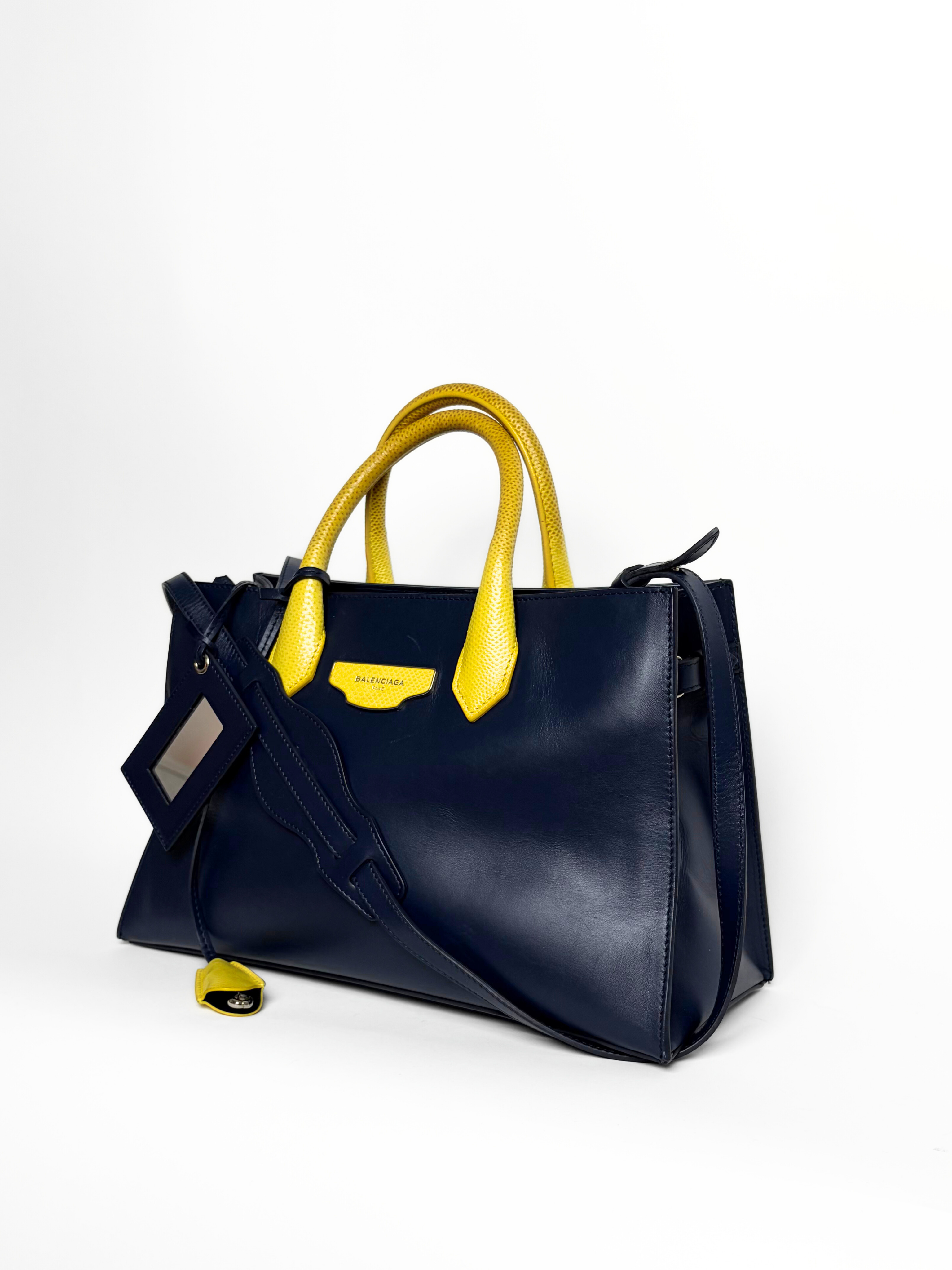 Balenciaga Padlock Nude Work Bag Navy/Yellow Leather