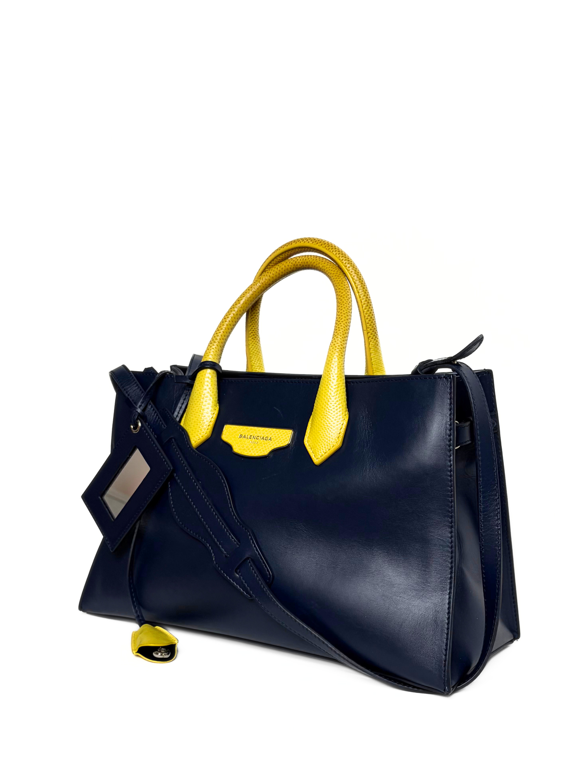 Balenciaga Padlock Nude Work Bag Navy/Yellow Leather