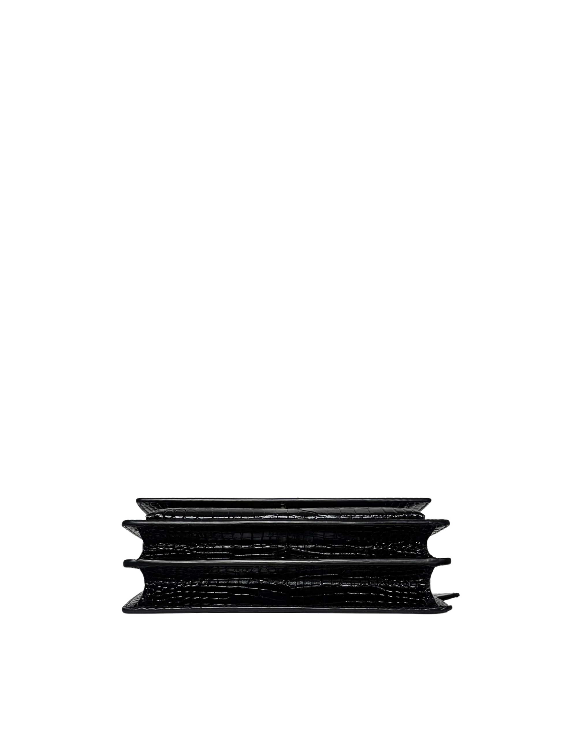 Saint Laurent Black Sunset Medium Shiny Croc-Embossed Shoulder Bag