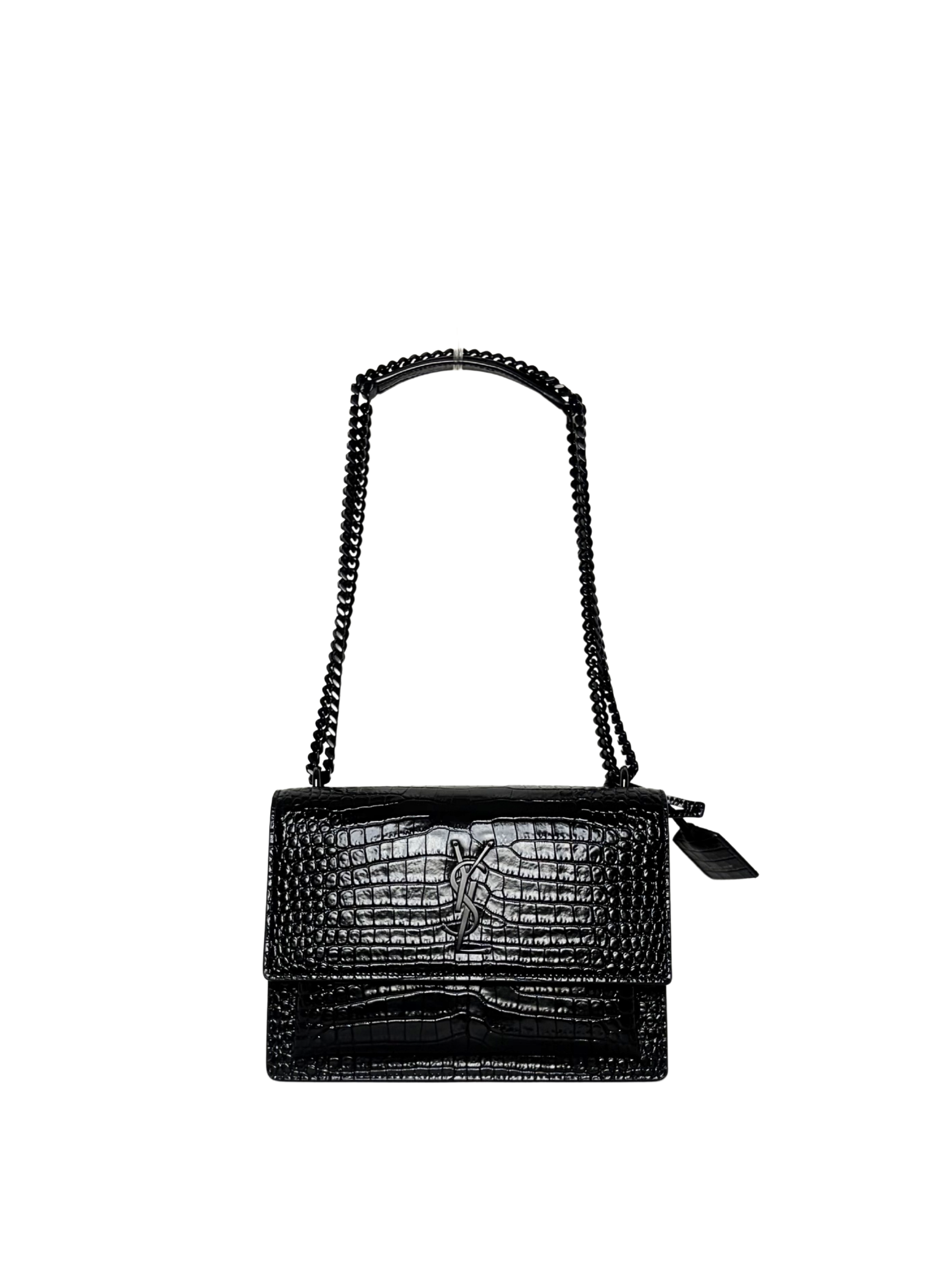 Saint Laurent Black Sunset Medium Shiny Croc-Embossed Shoulder Bag