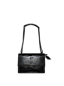 Saint Laurent Black Sunset Medium Shiny Croc-Embossed Shoulder Bag