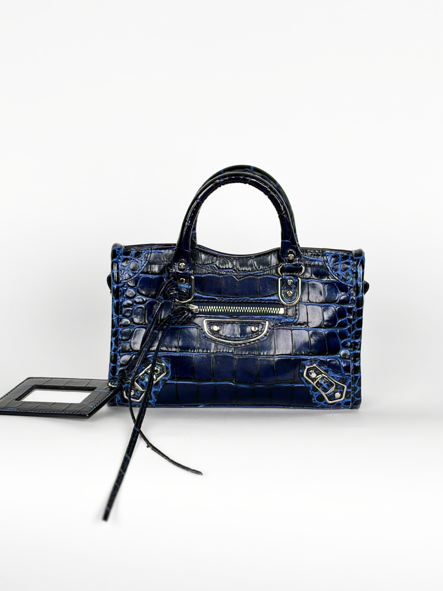 BALENCIAGA MINI CITY GLOSSY MIDNIGHT CROC-EMBOSSED