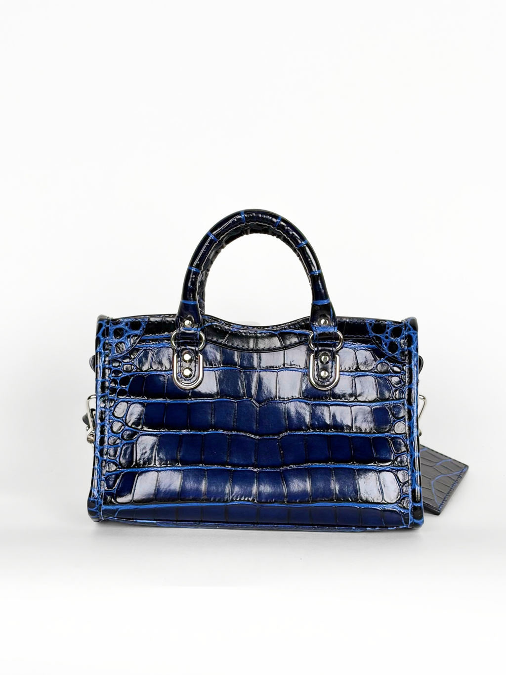 BALENCIAGA MINI CITY GLOSSY MIDNIGHT CROC-EMBOSSED