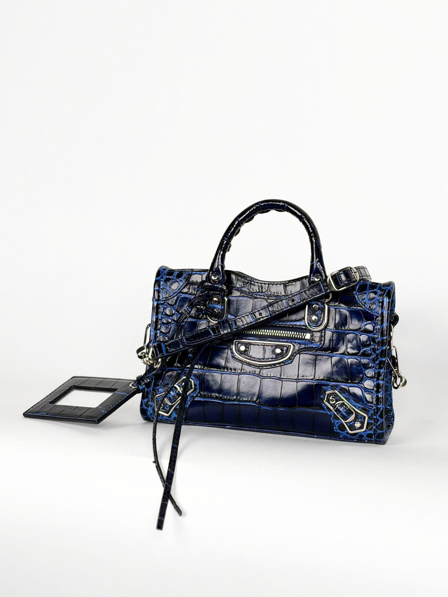 BALENCIAGA MINI CITY GLOSSY MIDNIGHT CROC-EMBOSSED