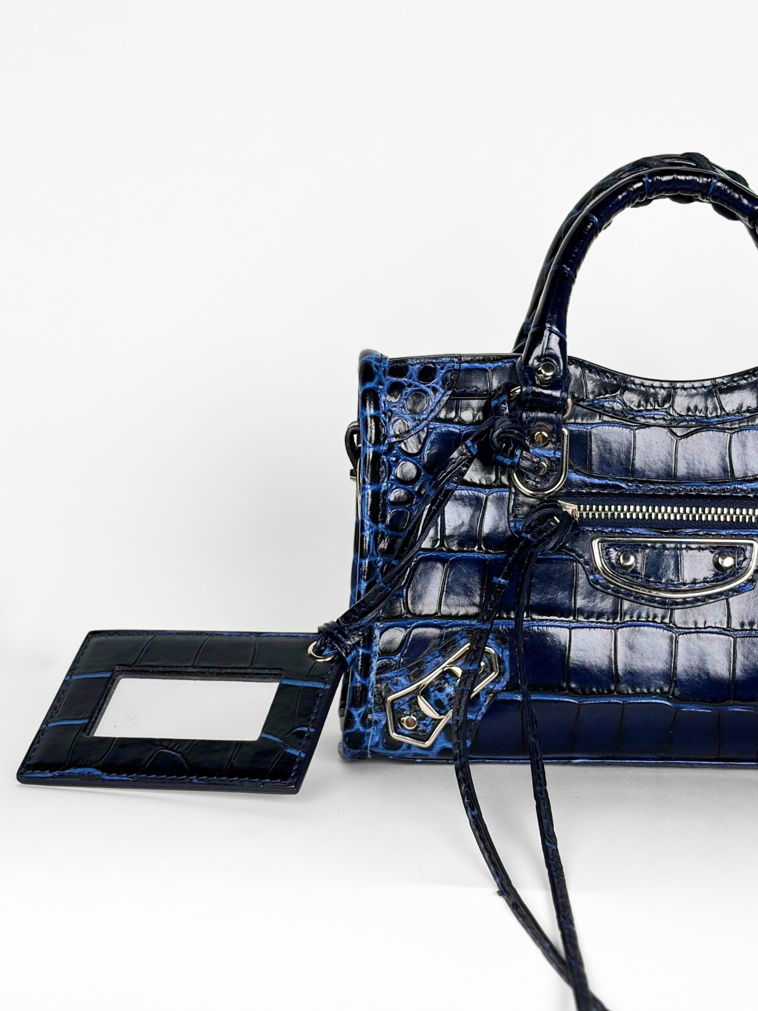 BALENCIAGA MINI CITY GLOSSY MIDNIGHT CROC-EMBOSSED