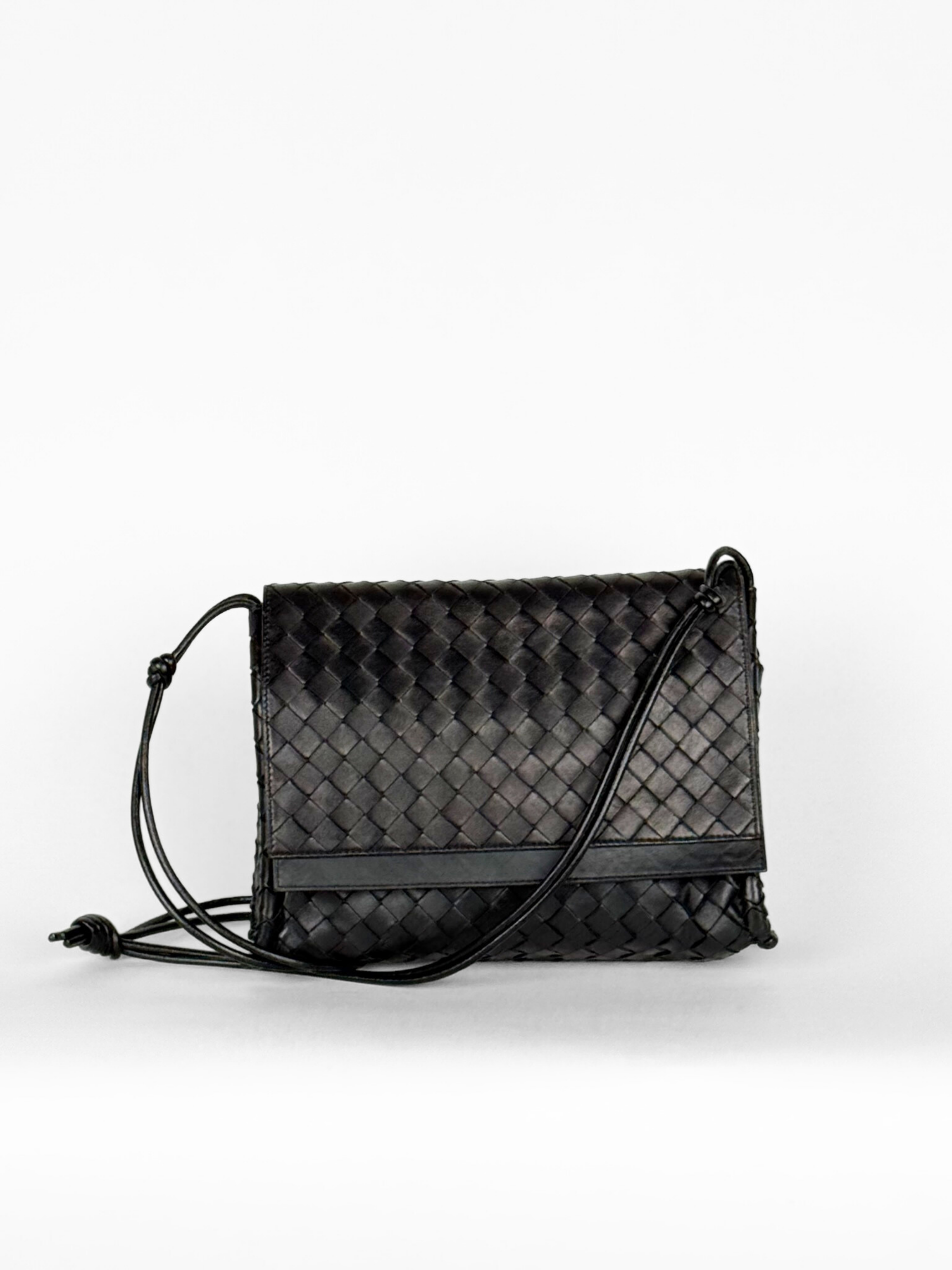 Bottega Veneta Intrecciato Crossbody Flap Bag Black