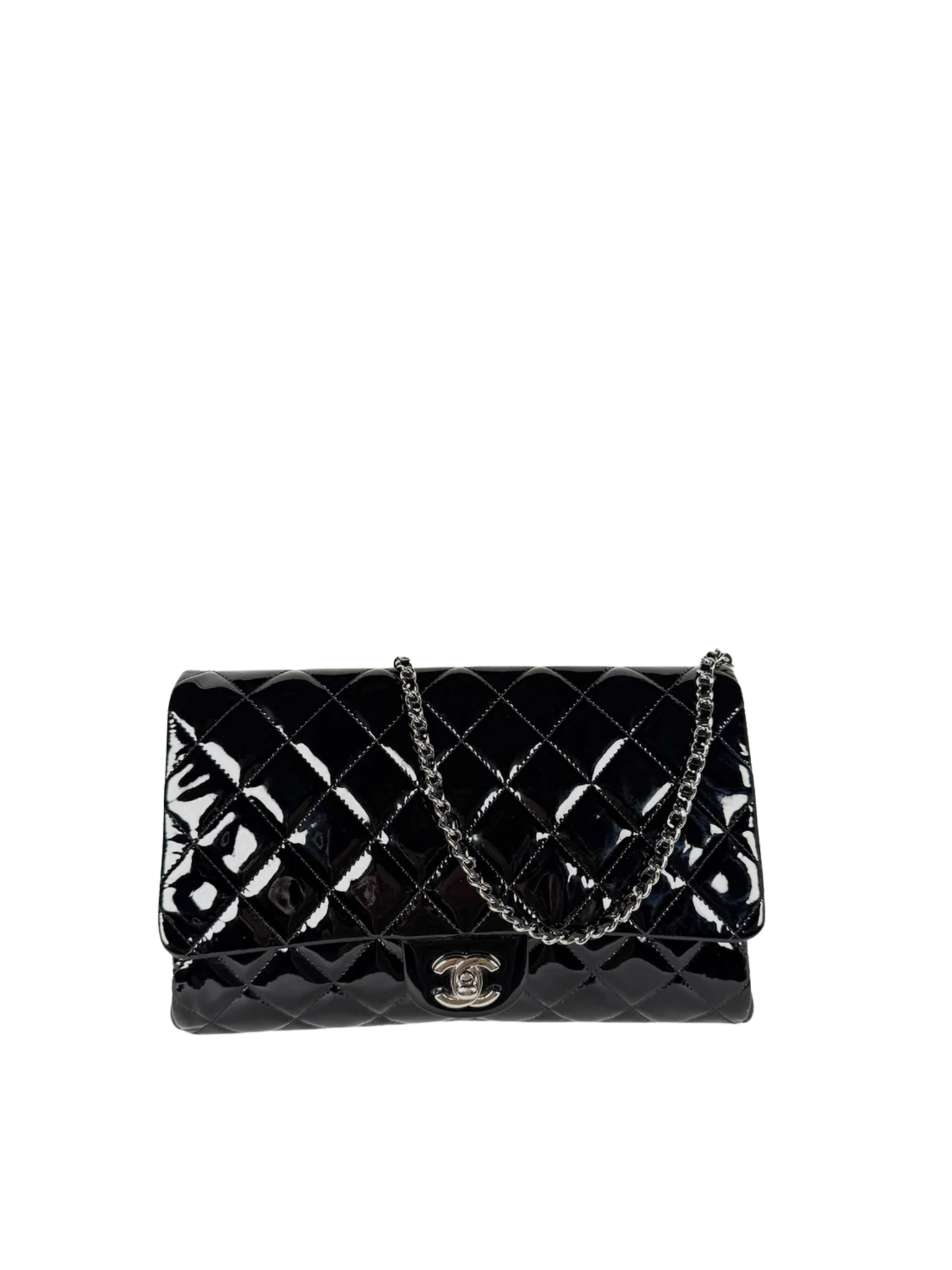 Chanel Classic Single Flap Medium Black Patent Leather with Silver Hardware