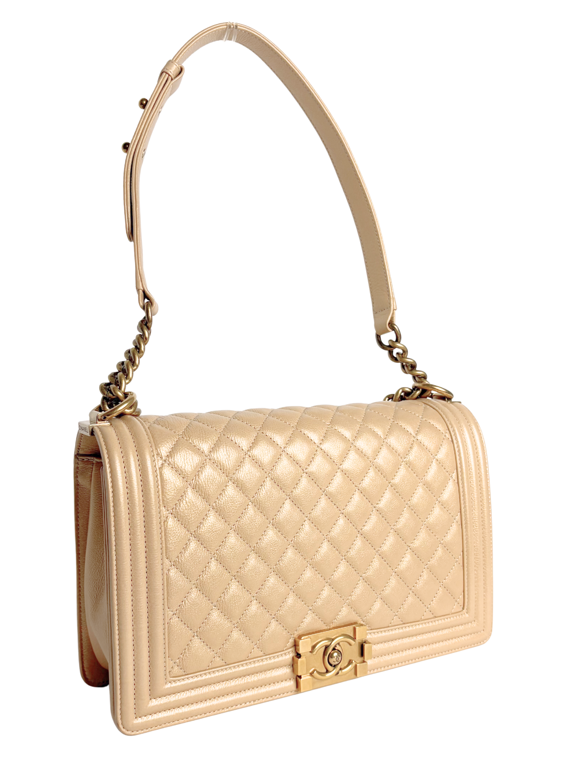 Chanel Boy Bag Medium Quilted Lambskin Beige with Gold Hardware