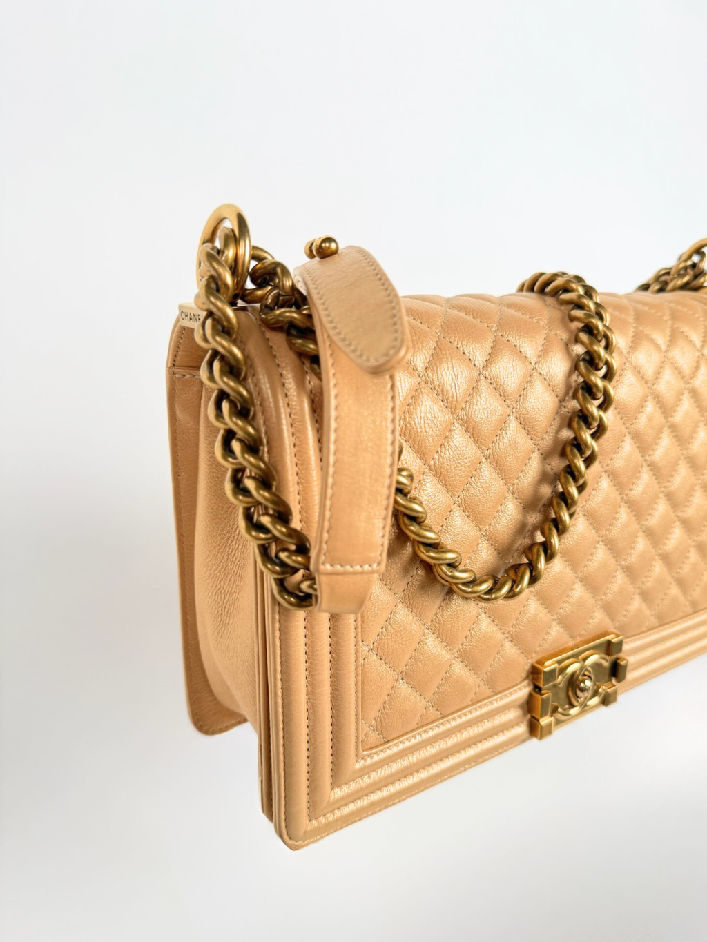 Chanel Boy Bag Medium Quilted Lambskin Beige with Gold Hardware