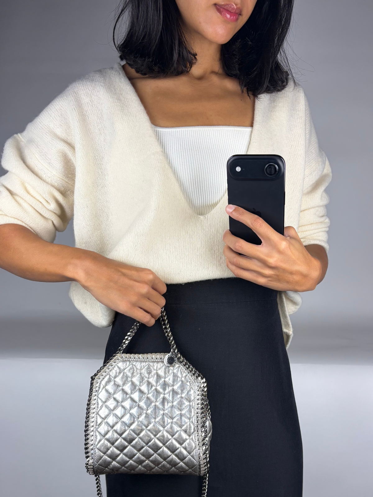 Stella McCartney Falabella Metallic Silver Quilted Mini Tote