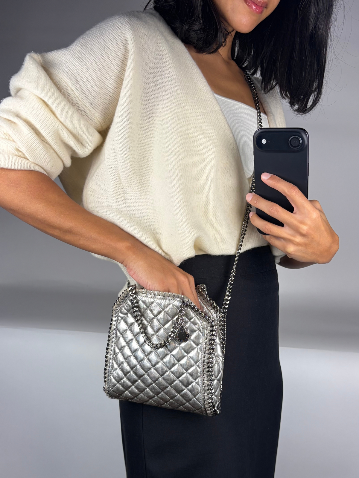 Stella McCartney Falabella Metallic Silver Quilted Mini Tote