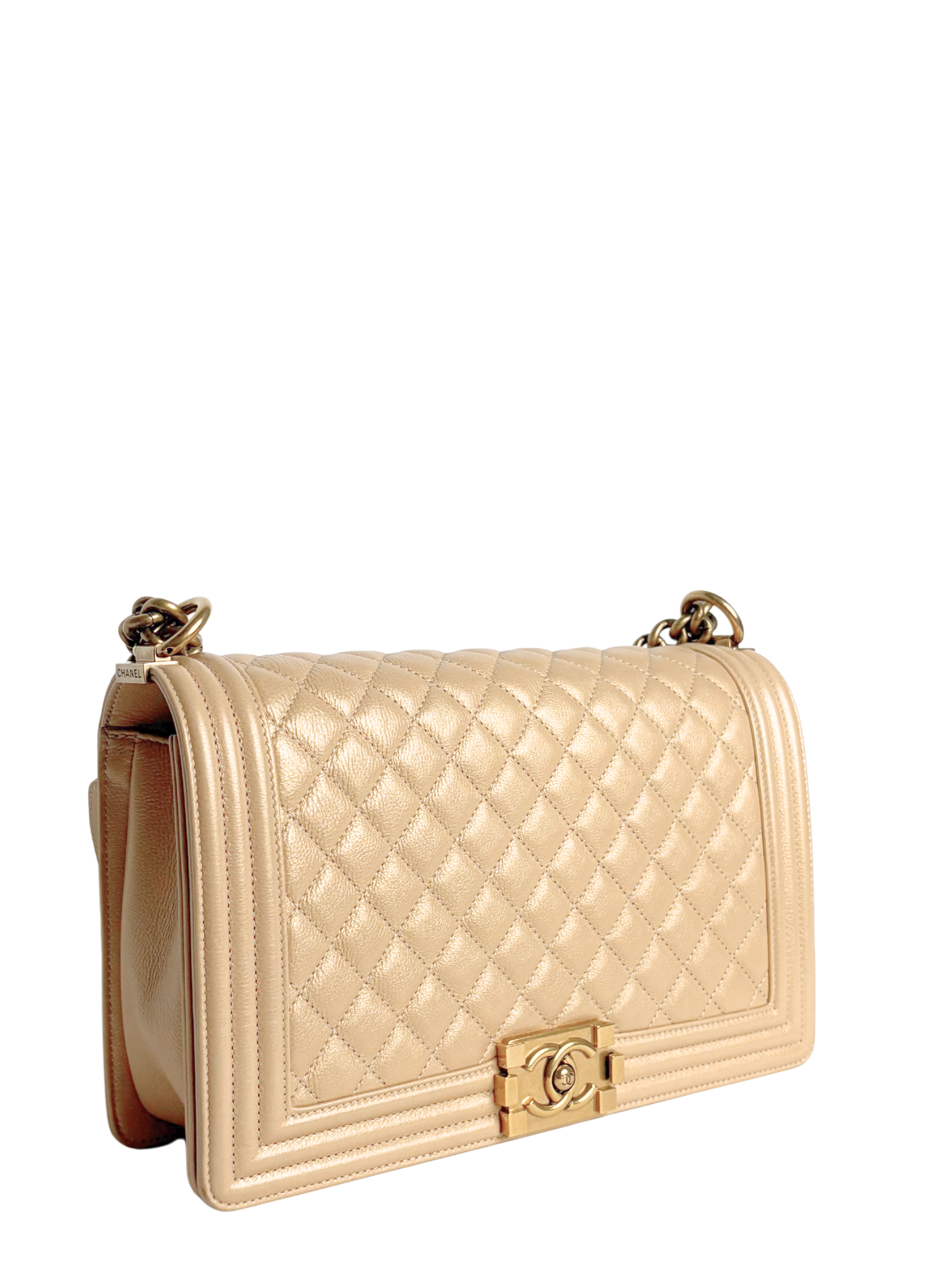 Chanel Boy Bag Medium Quilted Lambskin Beige with Gold Hardware
