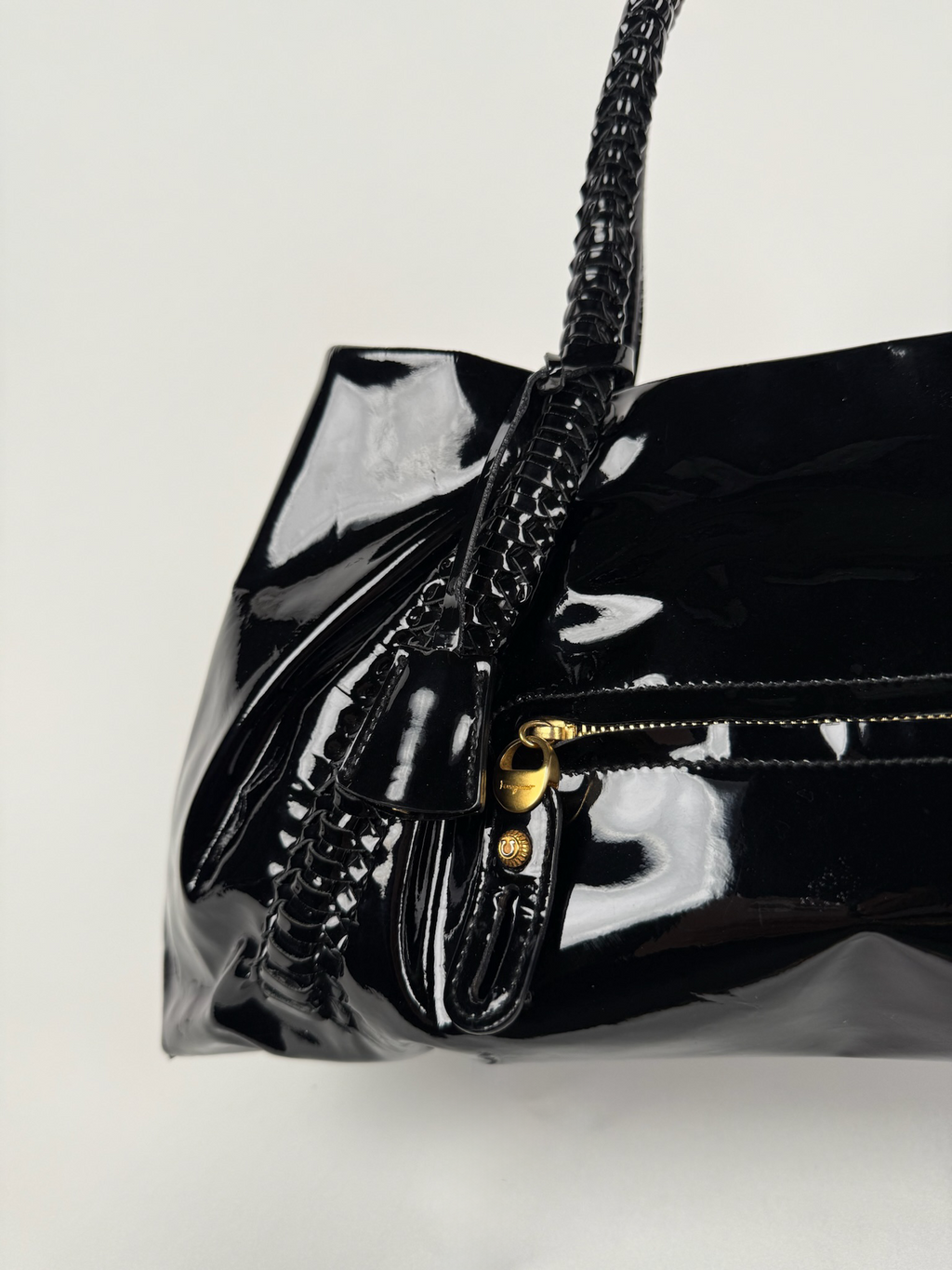 Salvatore Ferragamo Vintage Black Patent Tote with Lock & Key