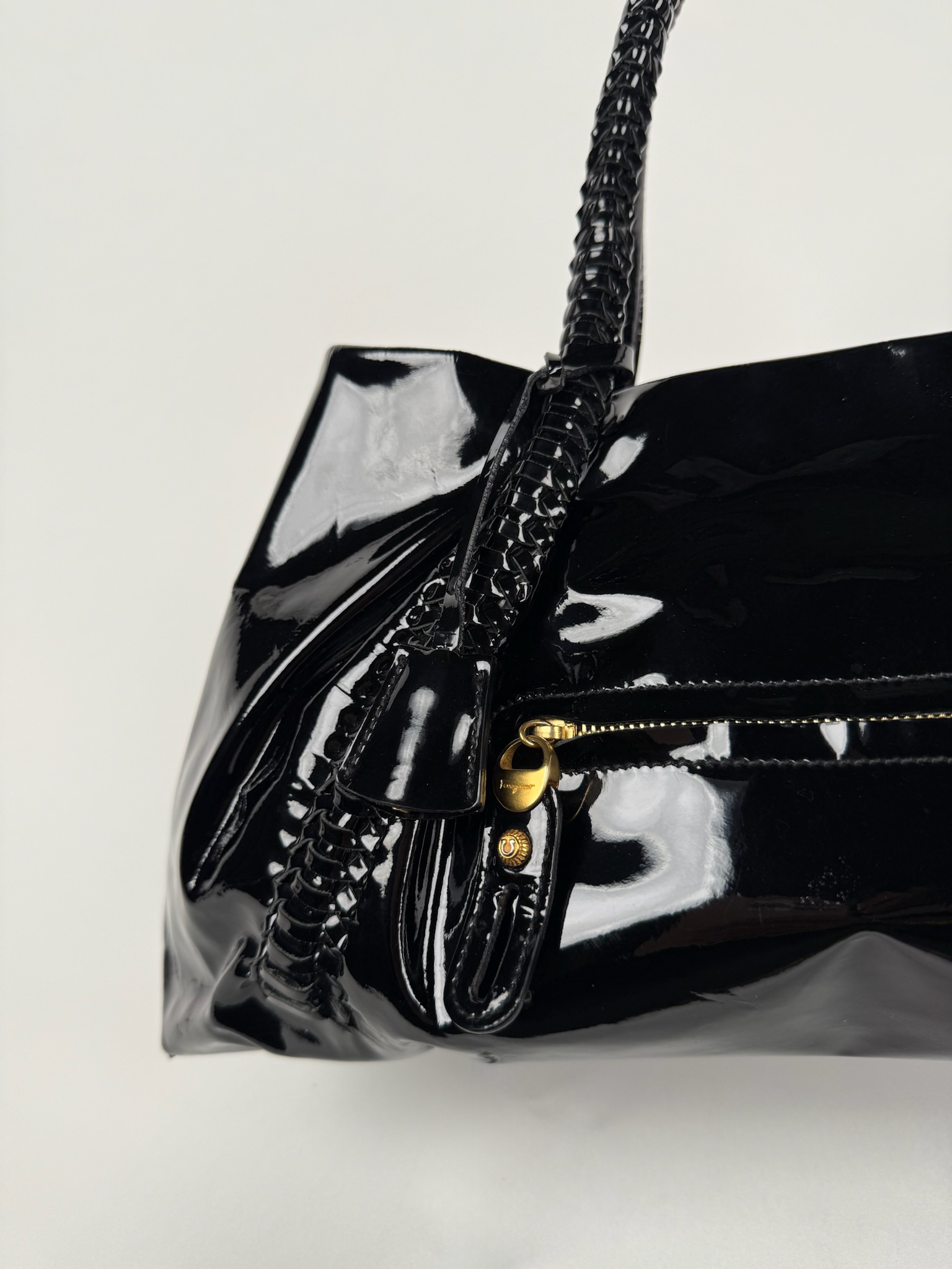 Salvatore Ferragamo Vintage Black Patent Tote with Lock & Key