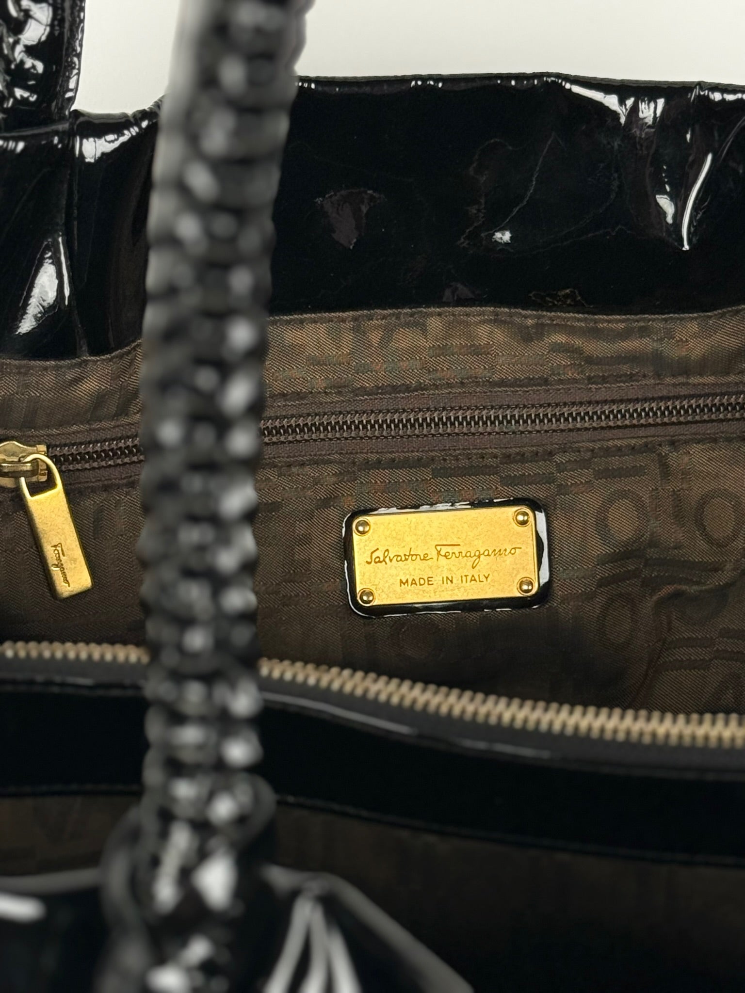 Salvatore Ferragamo Vintage Black Patent Tote with Lock &amp; Key