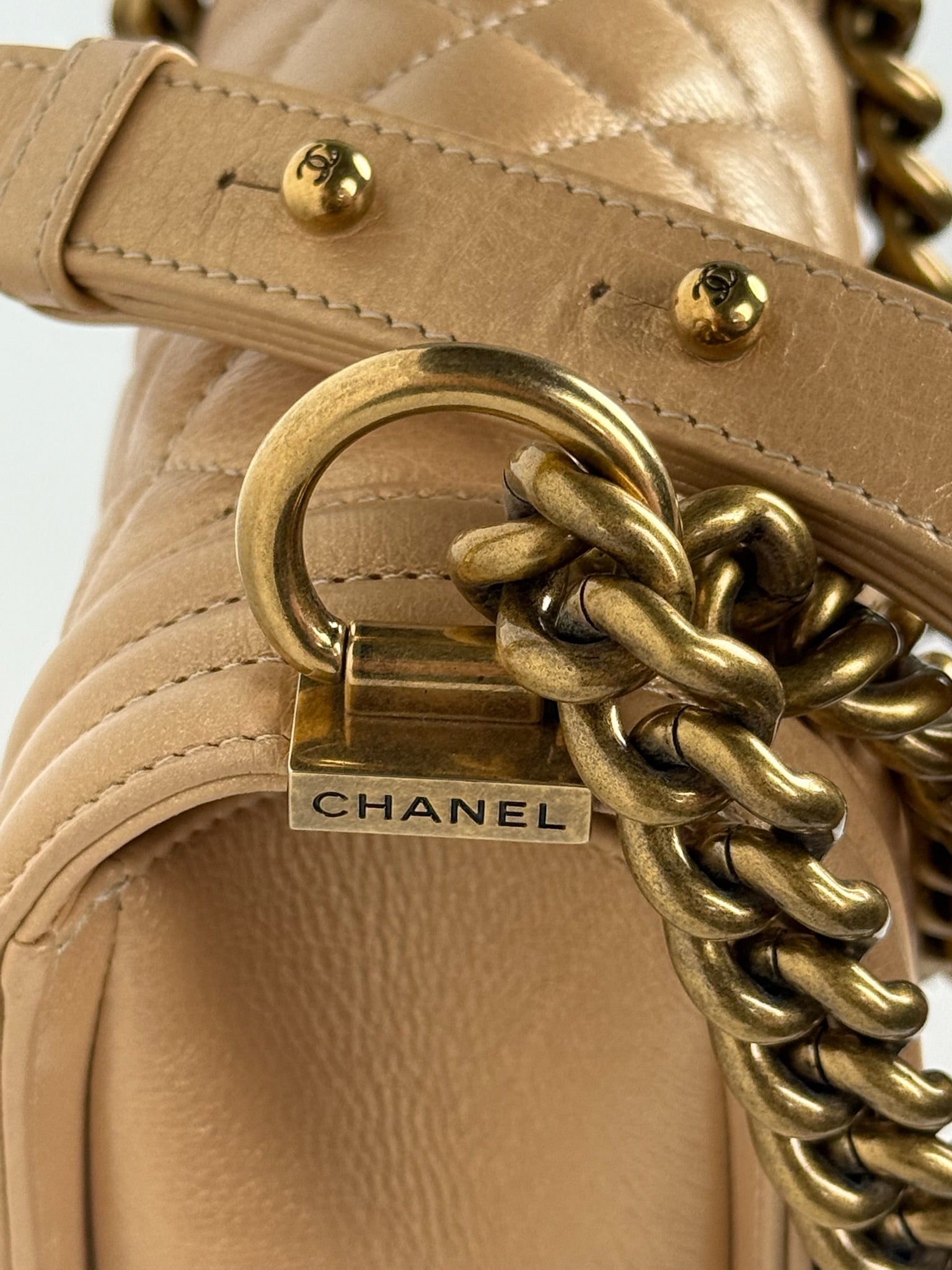 Chanel Boy Bag Medium Quilted Lambskin Beige with Gold Hardware