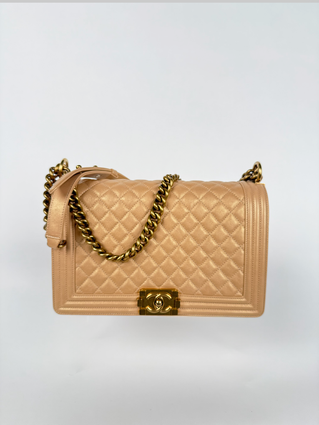 Chanel Boy Bag Medium Quilted Lambskin Beige with Gold Hardware