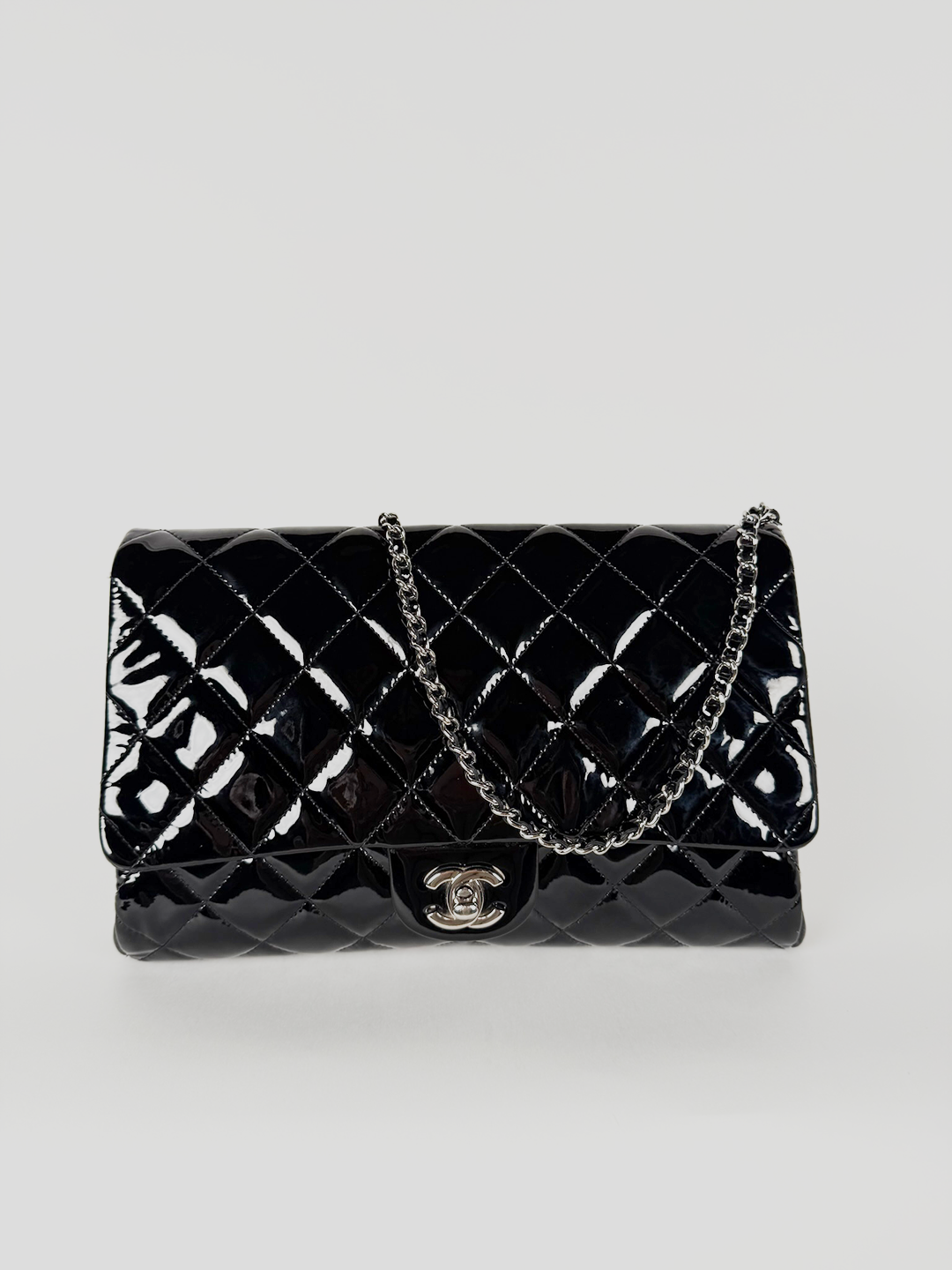 Chanel Classic Single Flap Medium Black Patent Leather with Silver Hardware