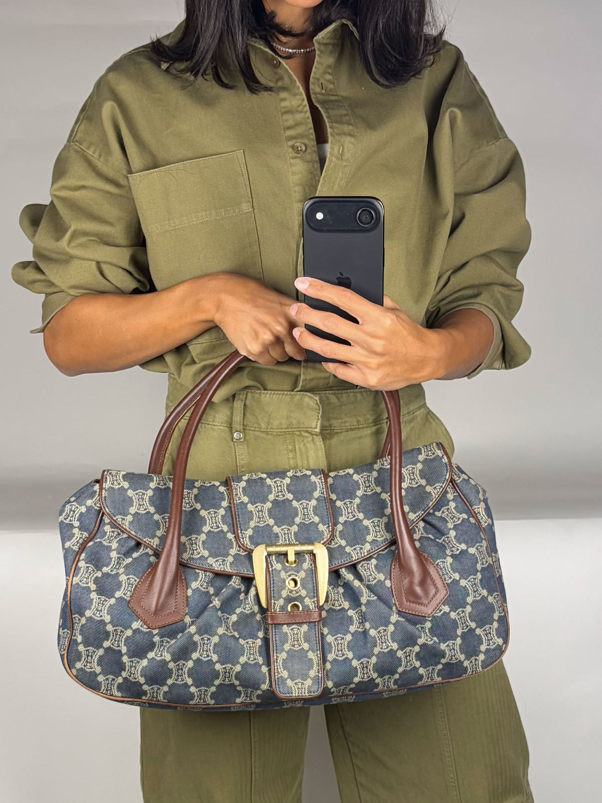 Vintage Celine Macadam Denim Buckle Shoulder Bag