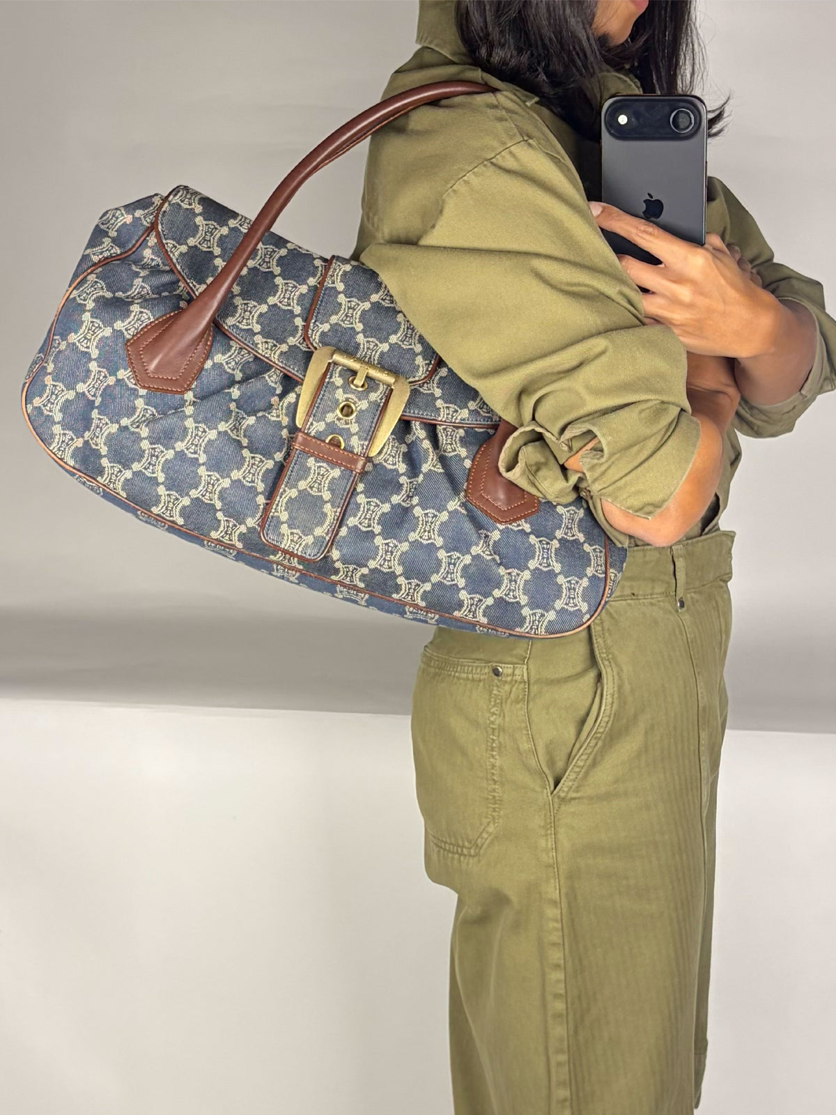 Vintage Celine Macadam Denim Buckle Shoulder Bag